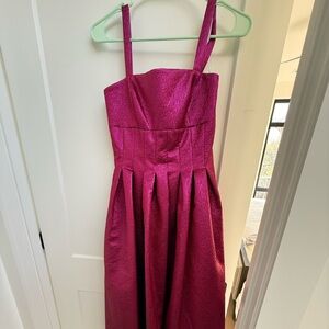 Monique Lhuillier Magenta Midi Dress with Pleated Skirt